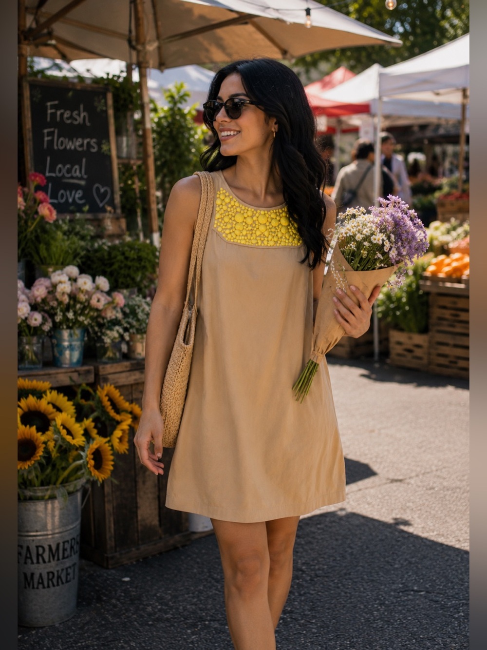 Tibi Size 2 Bateau Tan and Yellow Neckline Dress